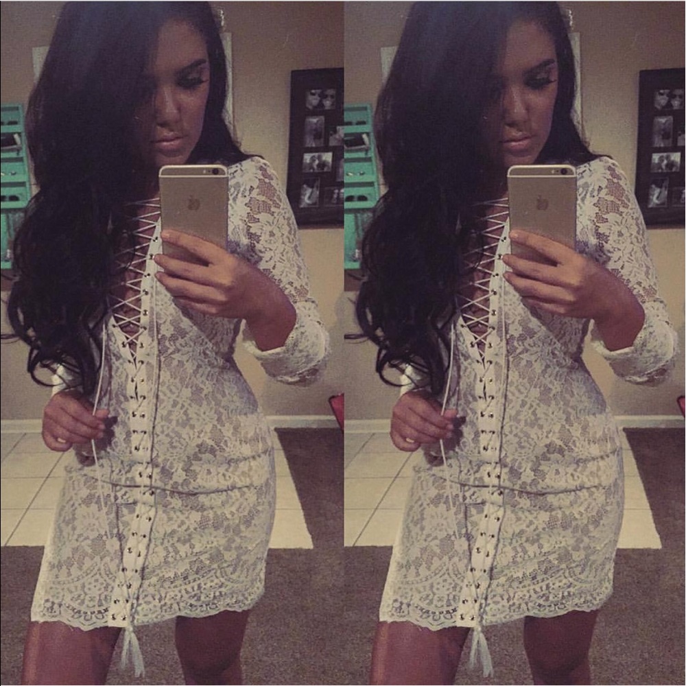 white lace dress with lace up detail