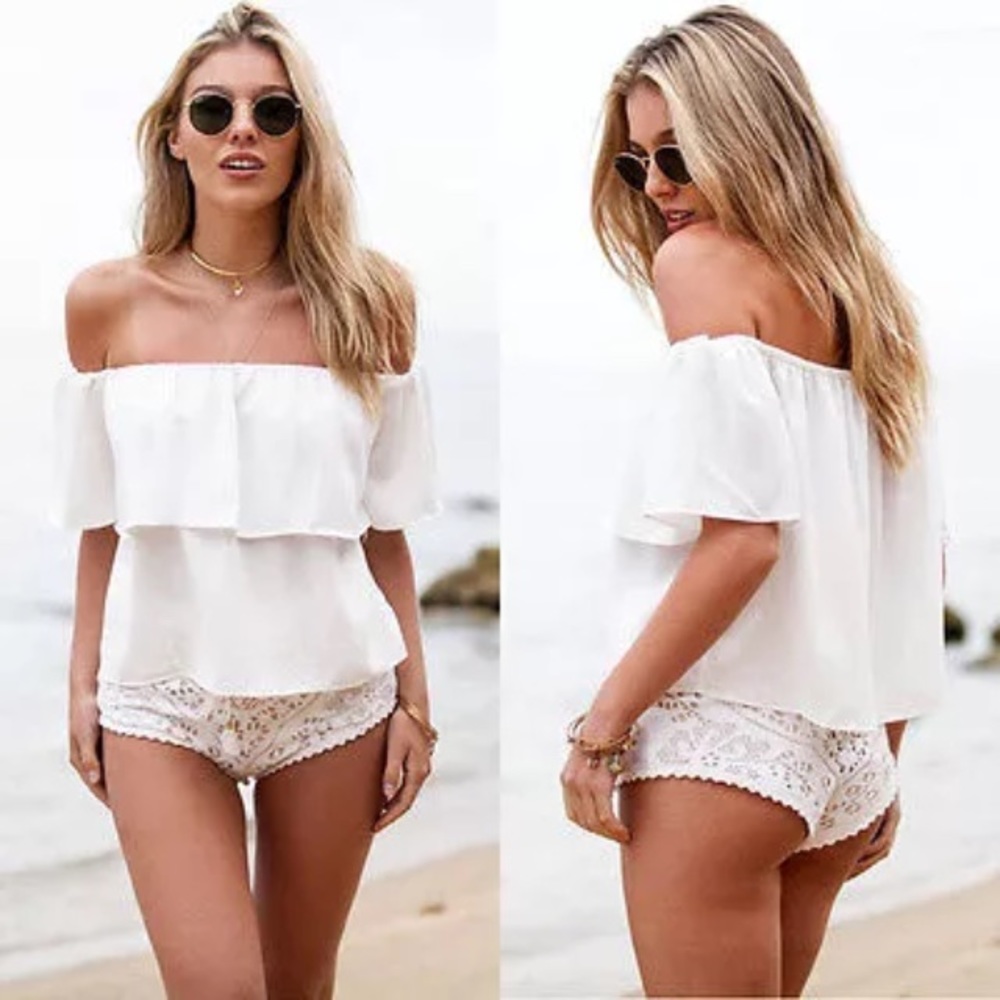 Flouncy Off-the-Shoulder TOPS Bardot Orange White - Picture 2 of 2