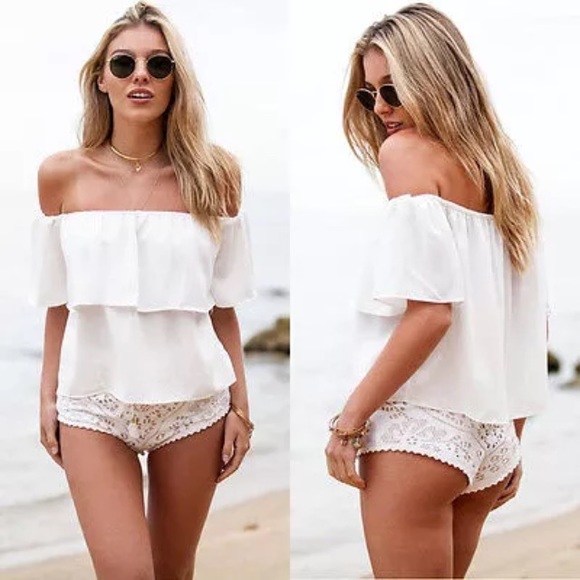 Flouncy Off-the-Shoulder TOPS Bardot Orange White - Picture 2 of 2