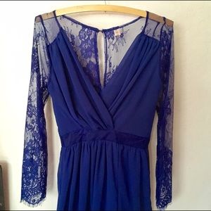 Lace long sleeve floor length royal blue dress