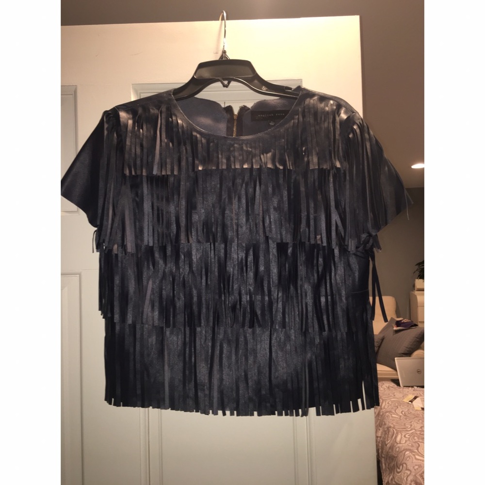 Navy Blue Fringe Faux Leather Top