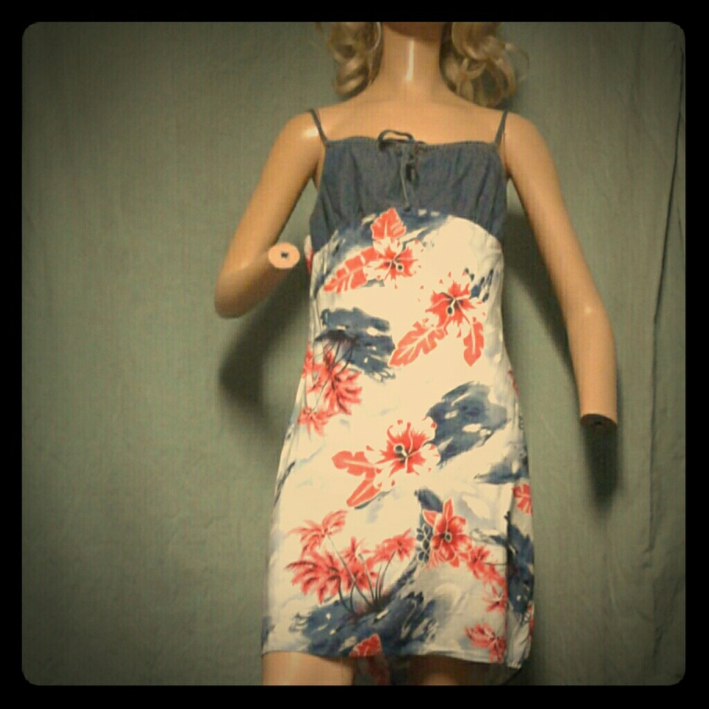 Blue and Red Hawaiian Print Strappy Dress