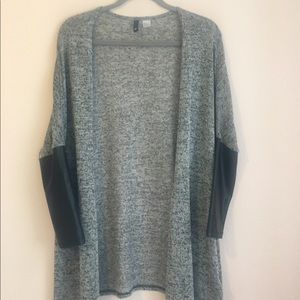 Gray cardigan w/ faux leather sleeves- lightweight