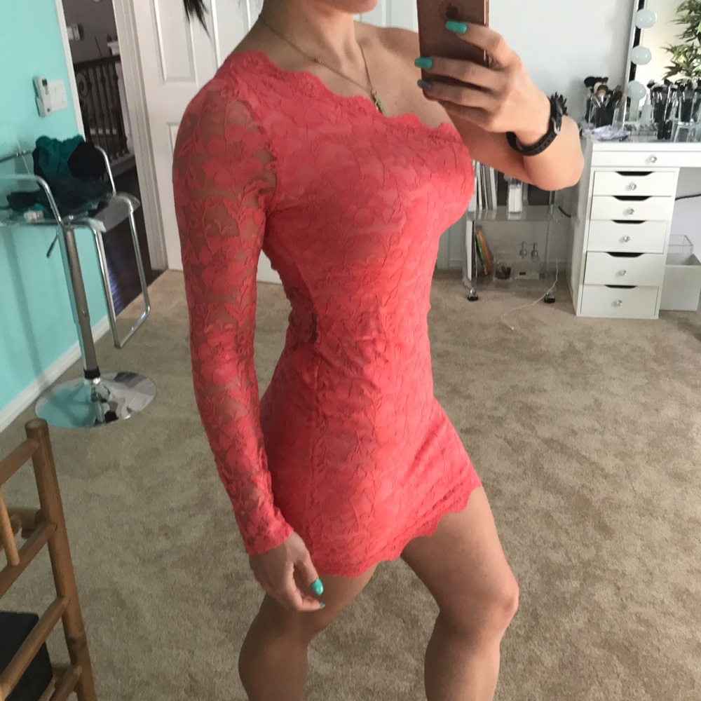 Coral lace one sleeved mini Valentines Day dress M