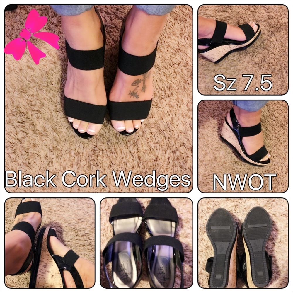 Life Stride Black Cork Wedges