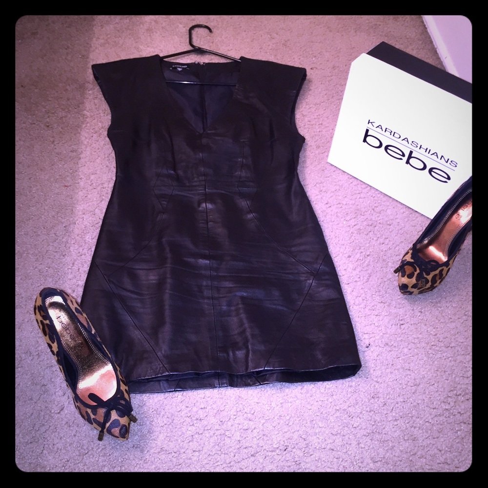 Black leather BEBE MINI DRESS
