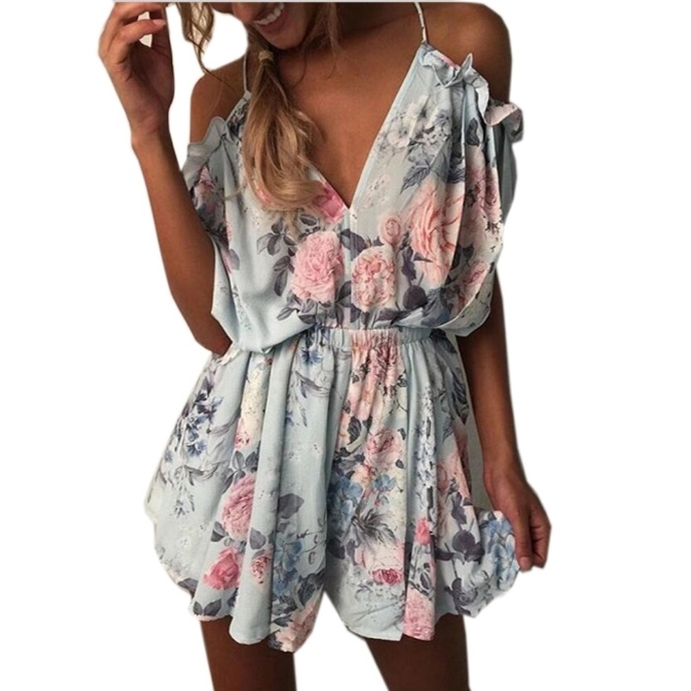 New Blue Floral Off Shoulder Romper