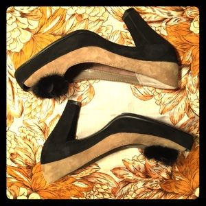 Aersoles Black/Tan Suede Feather Peep Toe Pumps