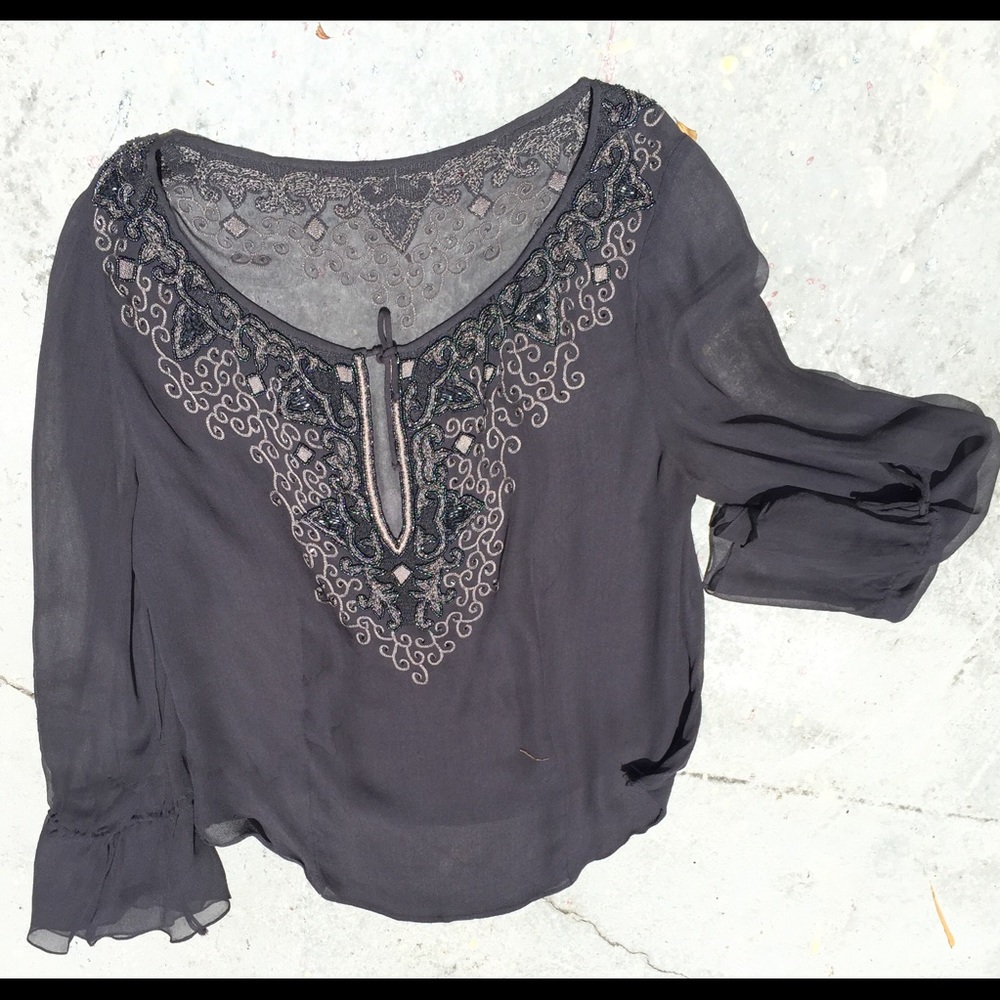 Vintage gray chiffon beaded boho blouse
