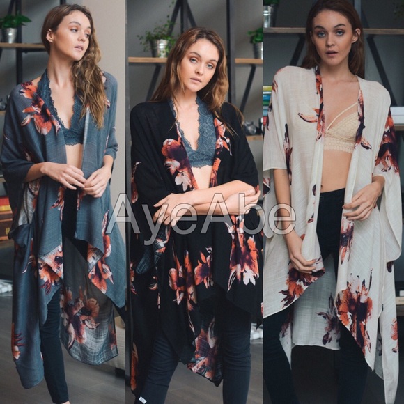 Floral Kimono Wrap Coverup cream, black charcoal - Picture 3 of 6