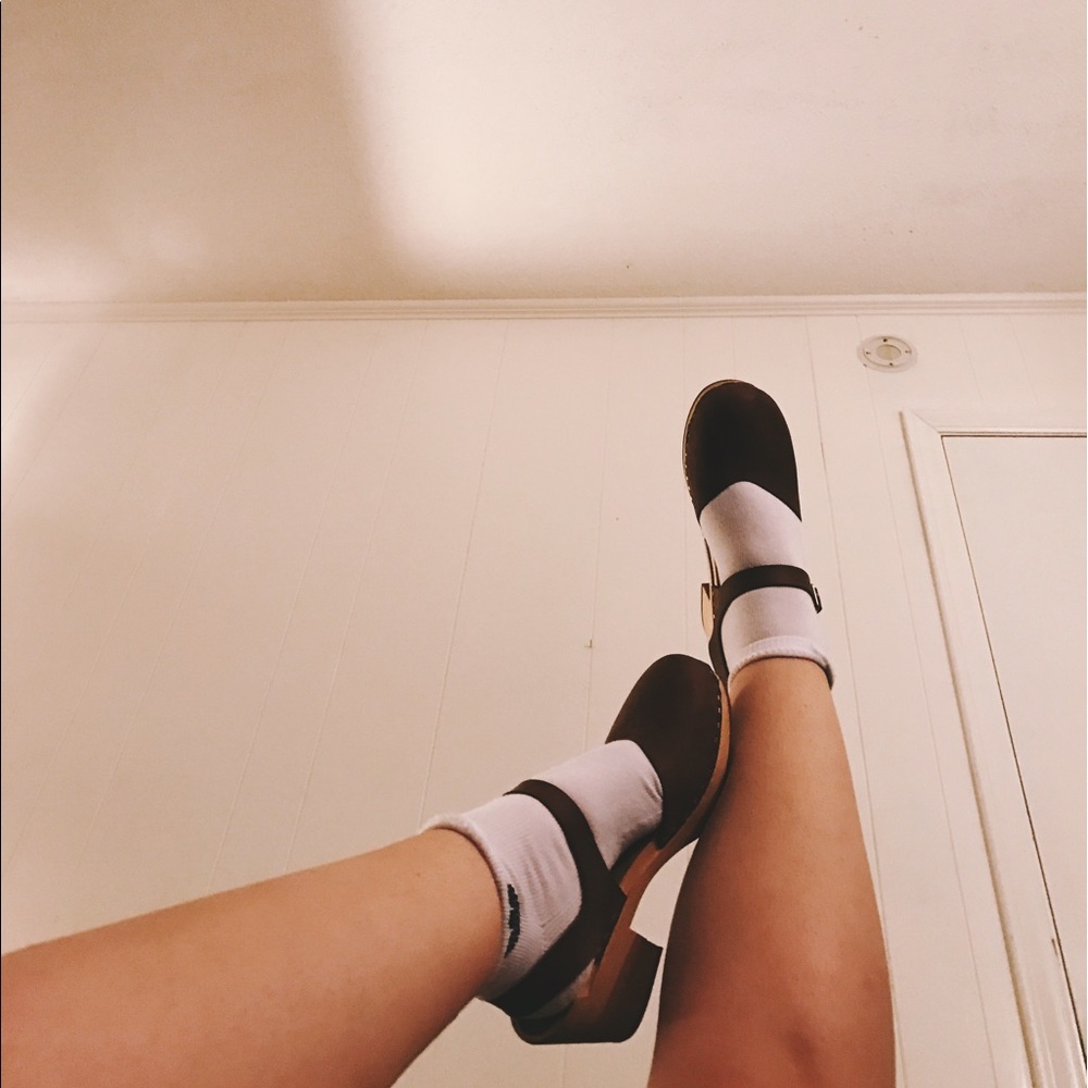 Swedish Hasbeens wooden clog heel and real leather