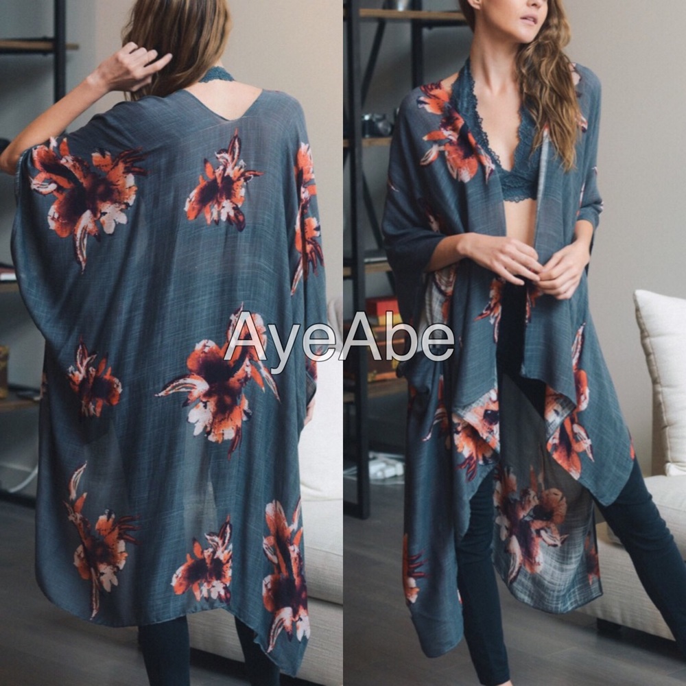 Floral print kimono wrap coverup black, cream - Picture 2 of 4