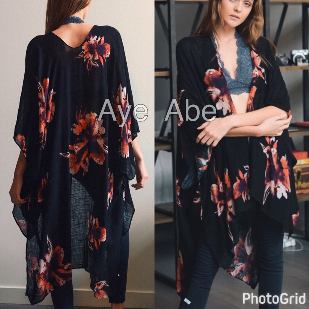 Floral print kimono wrap coverup black, cream - Picture 4 of 4