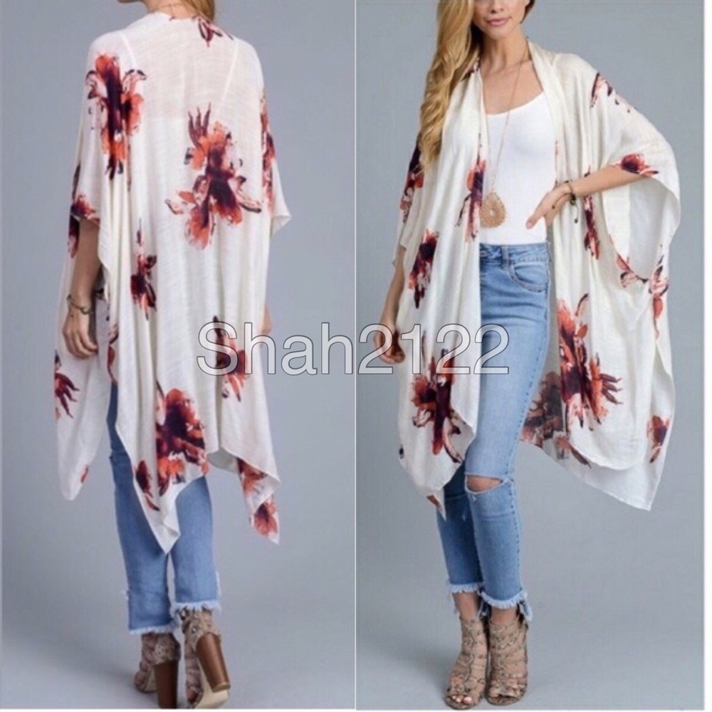 Floral print wrap kimono coverup beach cream - Picture 2 of 5