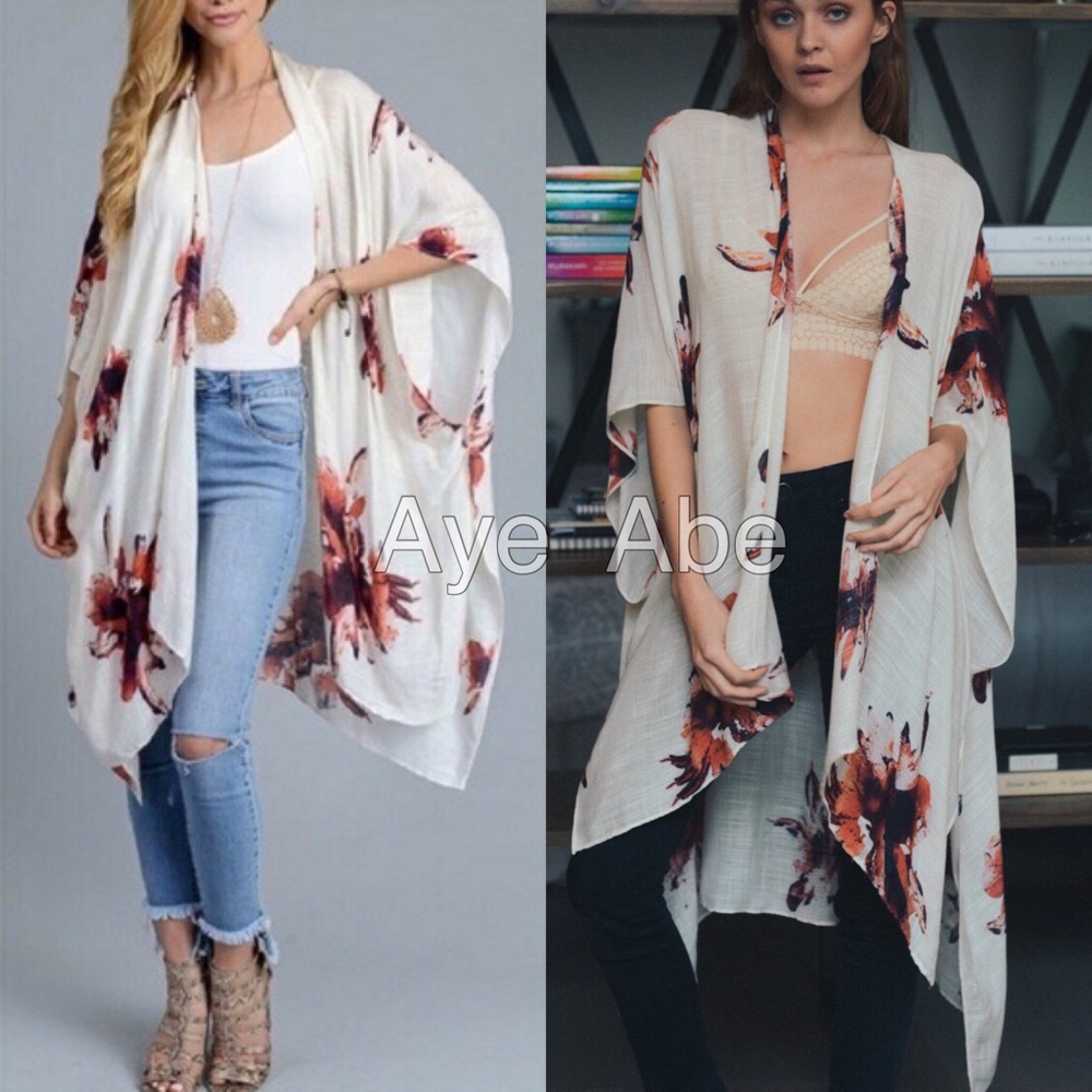 Floral print wrap kimono coverup beach cream - Picture 3 of 5
