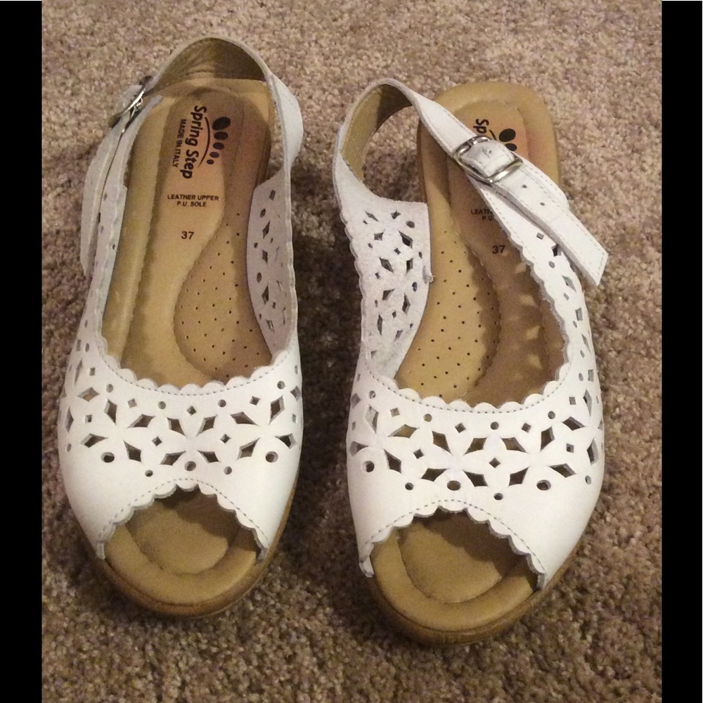 Leather slingback wedge sandals wi/ eyelet cutouts