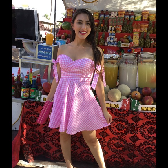 Pink Gingham Off Shoulder Dress-Large-On Sale - Picture 2 of 4