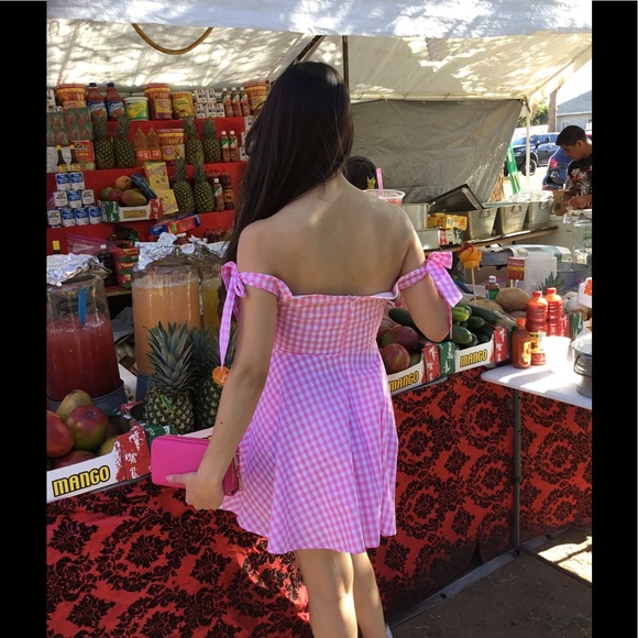 Pink Gingham Off Shoulder Dress-Large-On Sale - Picture 3 of 4