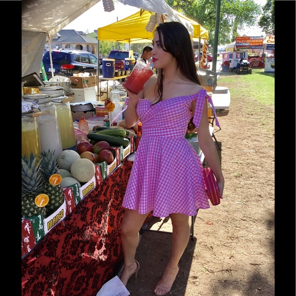 Pink Gingham Off Shoulder Dress-Large-On Sale - Picture 4 of 4