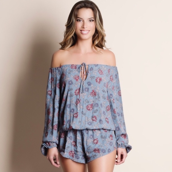 JUSTINE floral off shoulder romper - DENIM BLUE - Picture 2 of 4