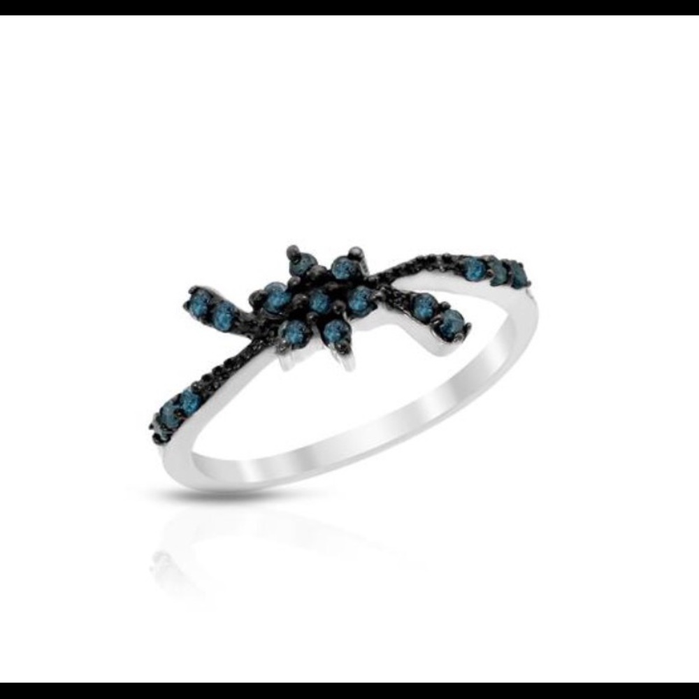 New Ring W/ Genuine Intense Blue Diamonds 925 S.S.