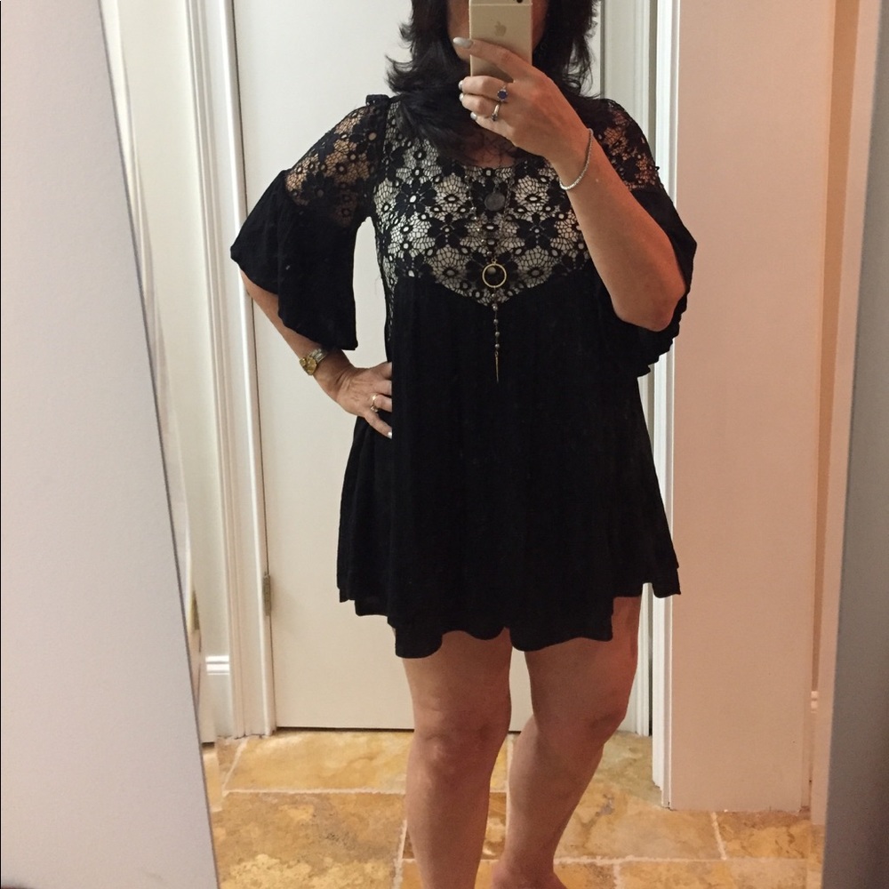 J & M Cream/black lace babydoll trapeze dress 32”L
