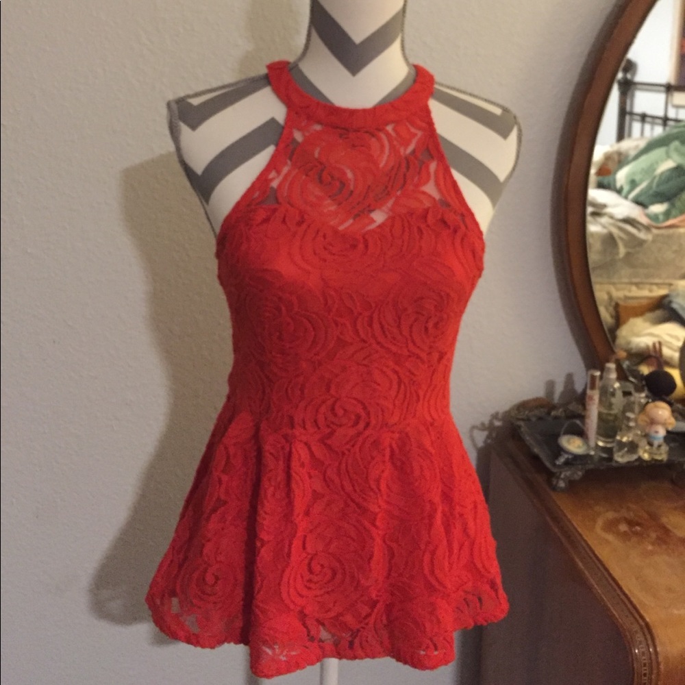 Ambar Red Lace High Neck Peplum Tank