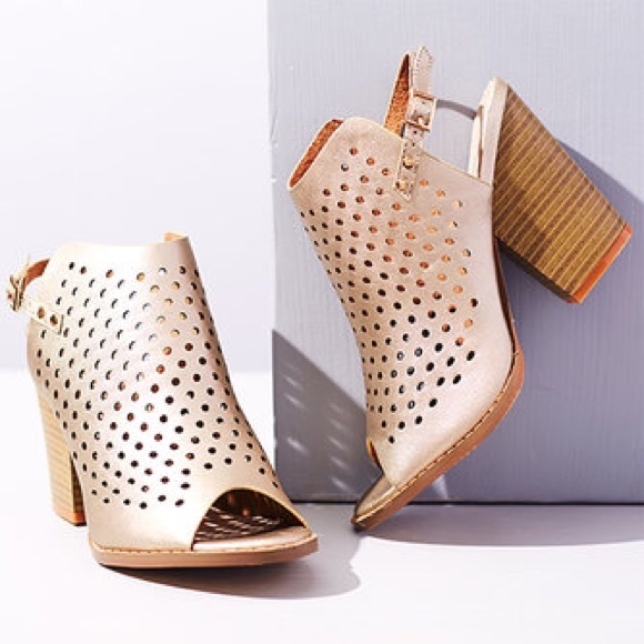 Gold Perforated Cutout Chunky Heel Ankle Bootie - Picture 2 of 4