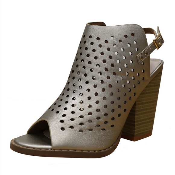 Gold Perforated Cutout Chunky Heel Ankle Bootie - Picture 3 of 4