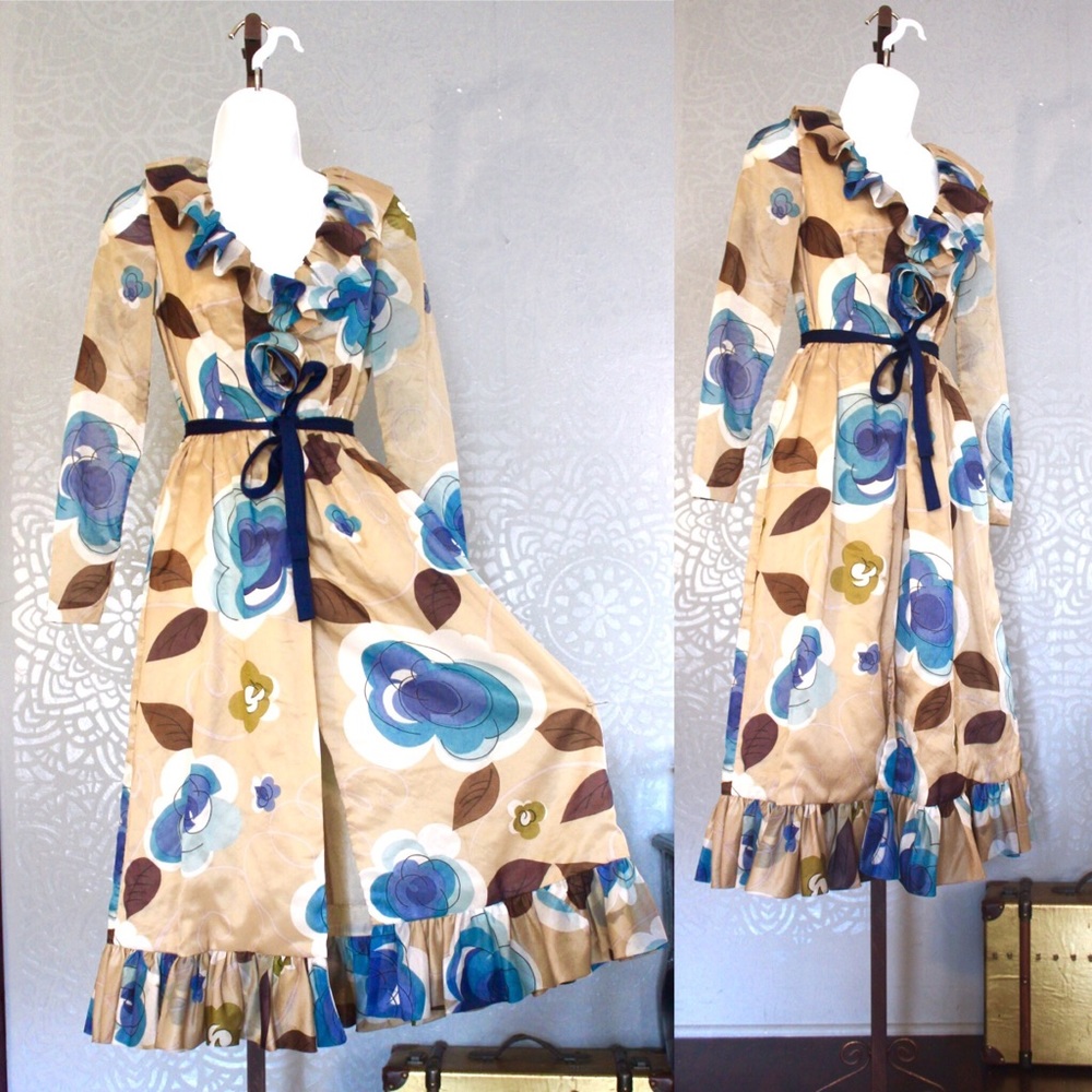 Vintage 1970s floral "wrap" ruffle midi dress