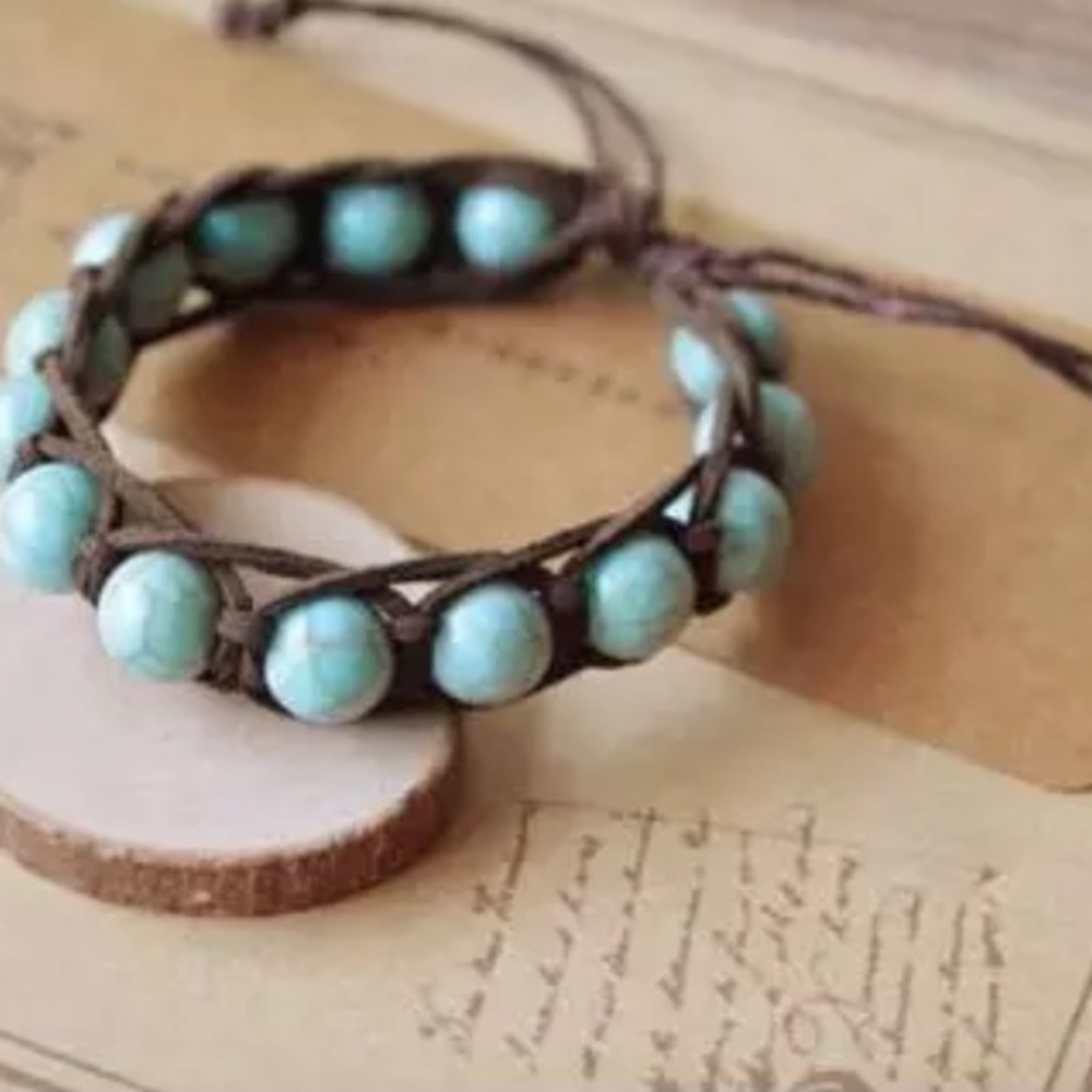 Handmade braided leather wrap turquoise bracelet