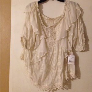 🌟Boho Free People Lace Creme Chic Ruffle Top✨