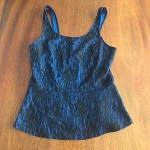 Express peplum tank with black lace over blue