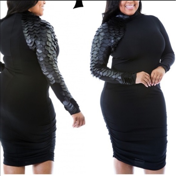 chic and curvy Dresses & Skirts - Black bodycon dress  with one leather sleeve