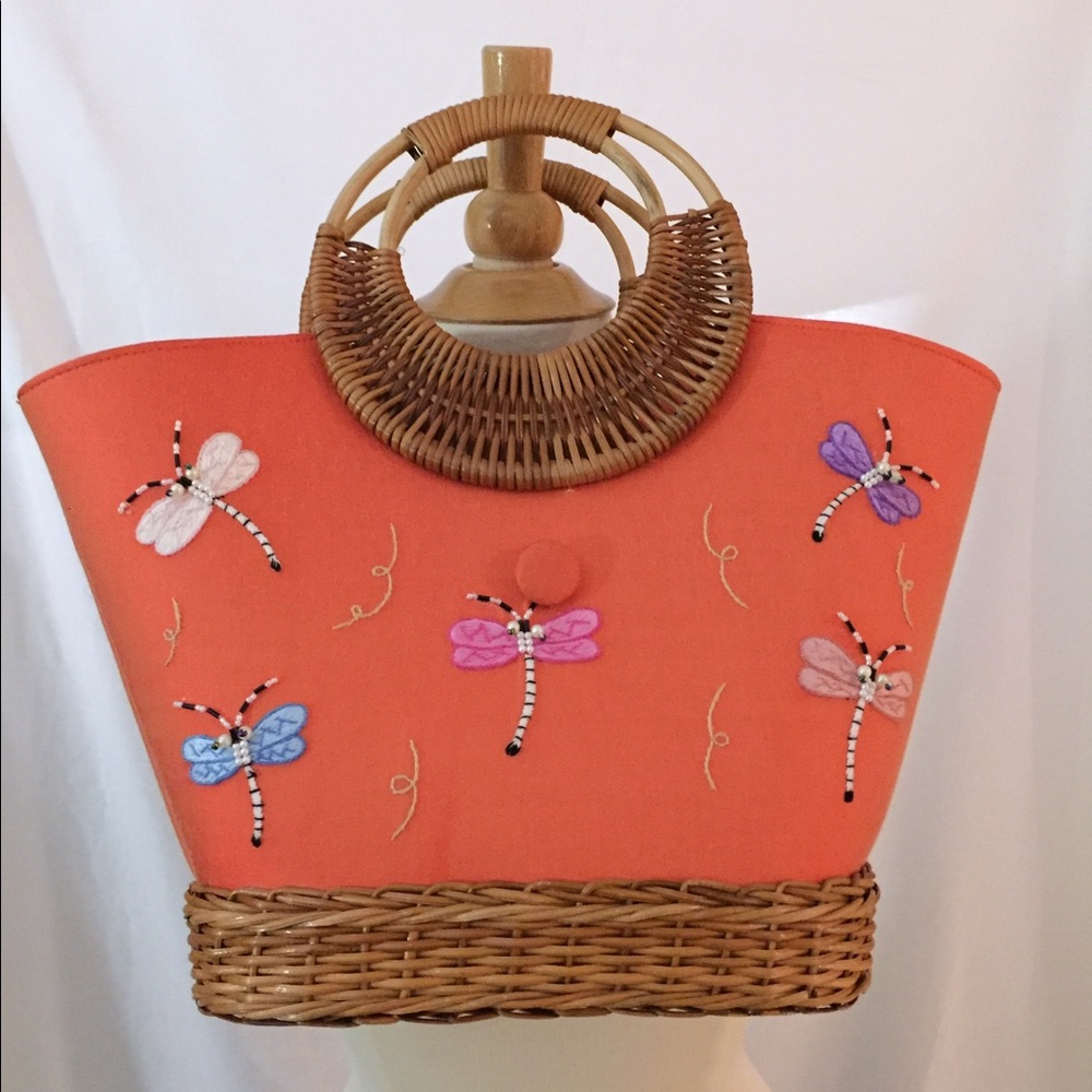 Wicker handle handbag dragonfly orange embroider