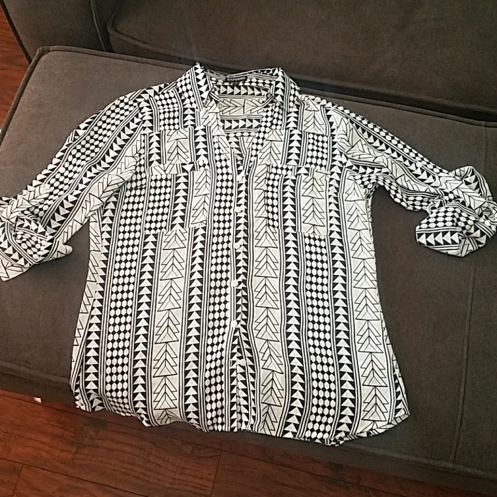 Aztec print button down.  Roll up 3/4 sleeves.