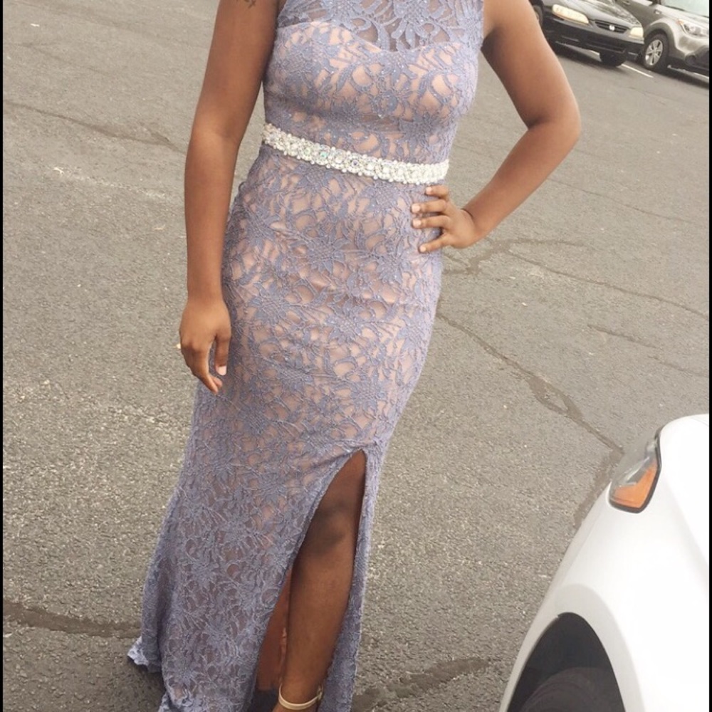 Slate/nude sleeve slit formal dress