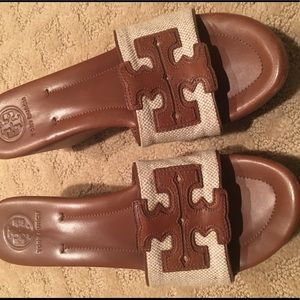 Tory Burch Open Toe Leather/Linen Wedge Slide