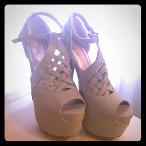 Tan Nubuck Woven Platform Heels