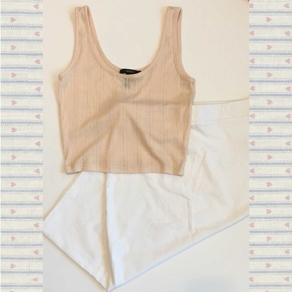 F21 pink crop top & white bodycon midi skirt