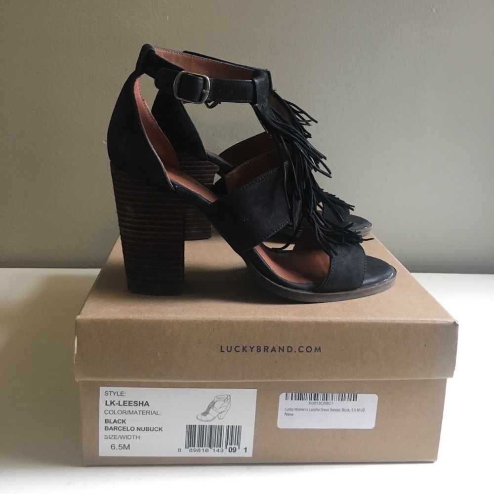 Lucky Brand Black Fringe Stacked Heel Sandals
