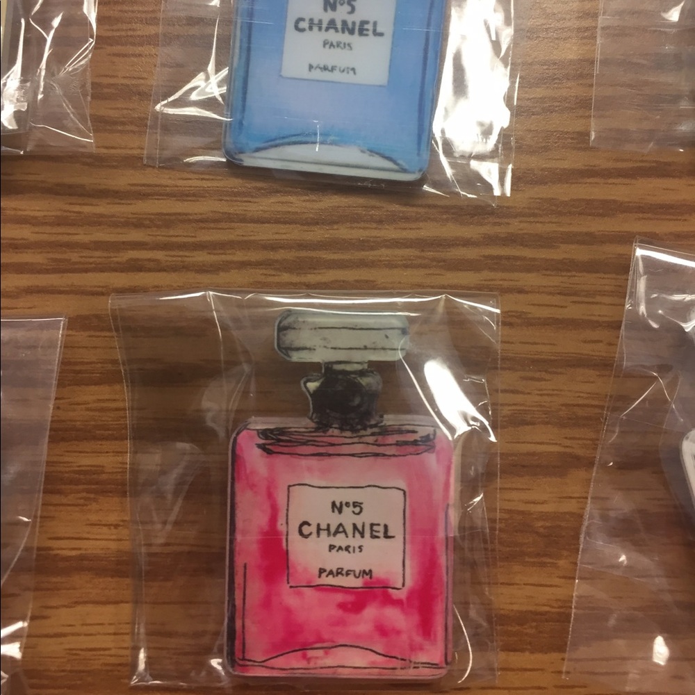 Designer inspired perfume bottle pins/brooch