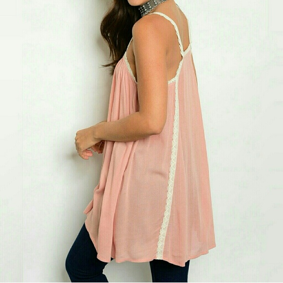 LACE TRIM LONG TUNIC TANK BLUSH - Picture 2 of 5