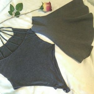 Gray bodysuit,, Gray flare skirt
