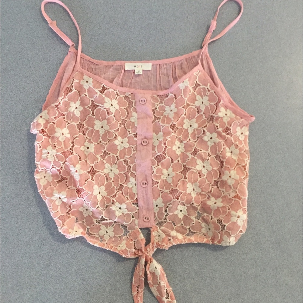 Pink and white lace crop top