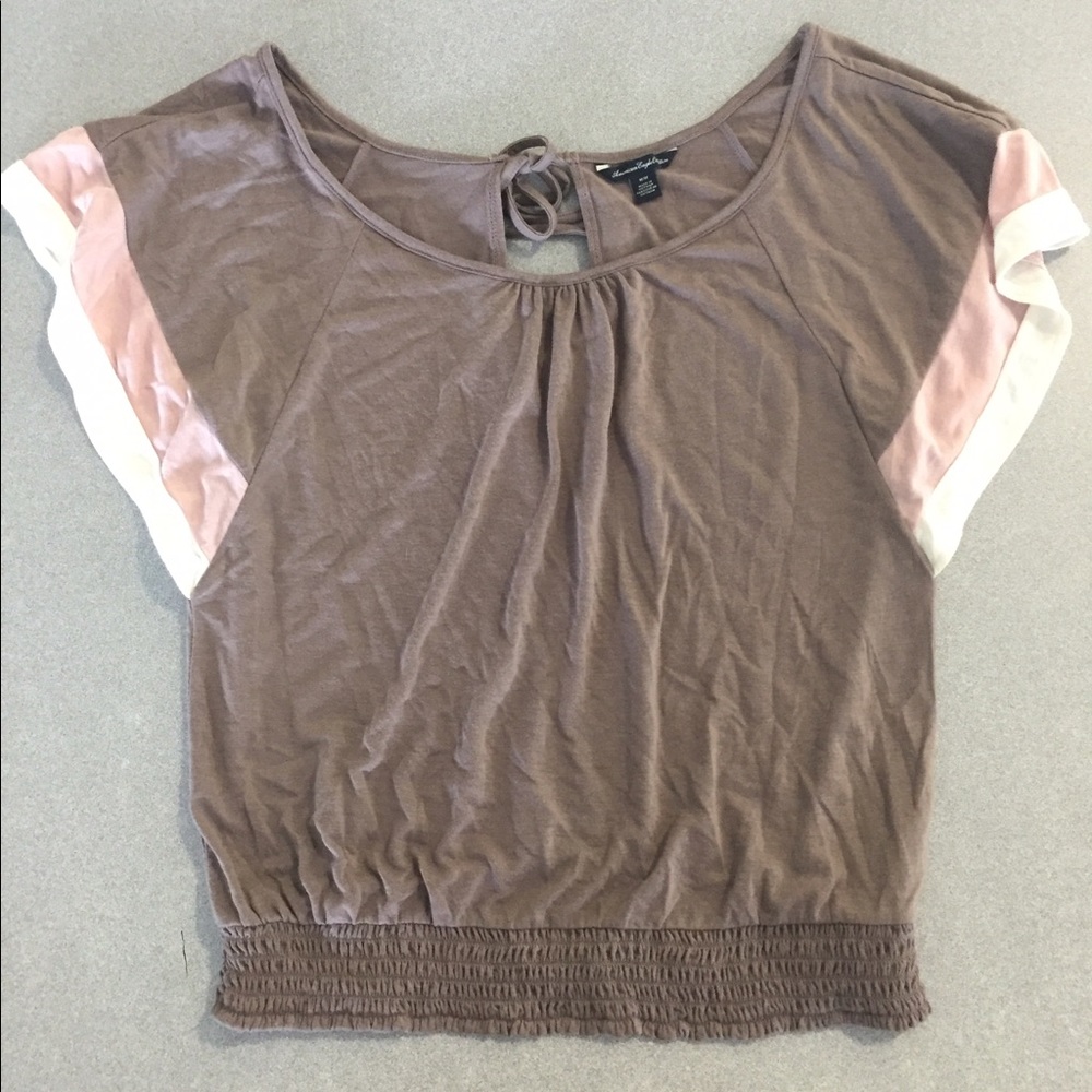 Grey, white and pink shirt with tied back
