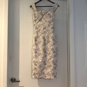 ASOS tall jacquard dress in gray and gold.