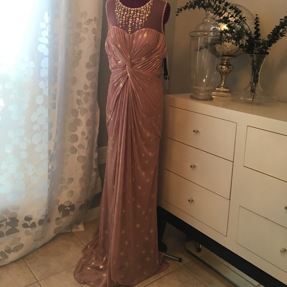 Adrianna Papell Rose and Gold Jeweled gown