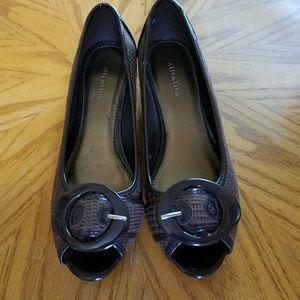 Attention Brown Open Toe Buckle Kitten Heels