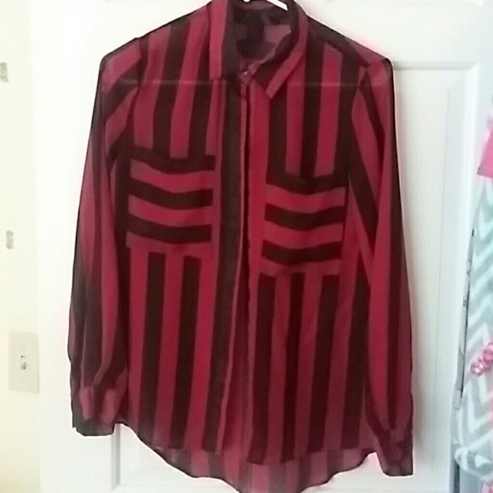 Red and black striped button down sheer shirt